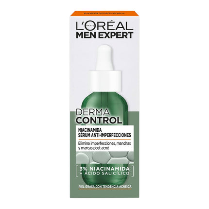 L’Oréal Paris Men Expert Derma Control Sérum Anti-Imperfecciones 30 ml, con 3% Niacinamida y Ácido Salicílico, para Piel Grasa con Tendencia Acnéica