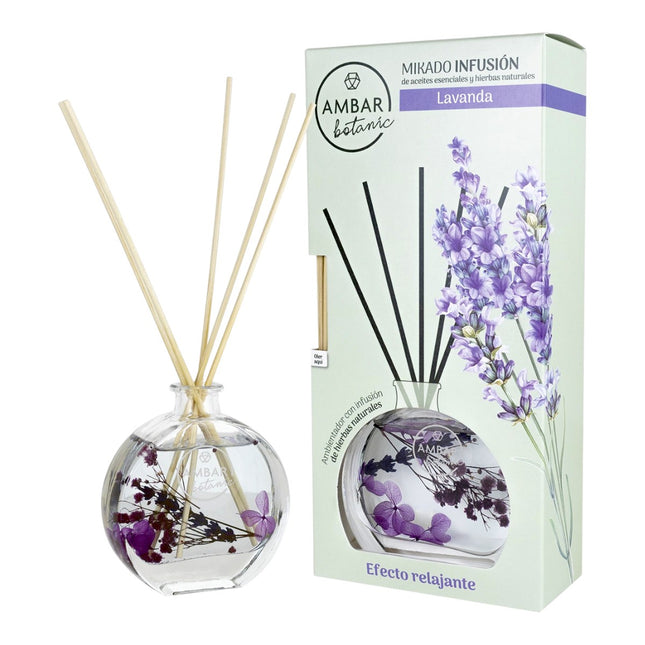Ambar Botanic Mikado Infusión Lavanda 75 ml, Ambientador con Varillas, Difusor de Aroma con Aceites Esenciales y Hierbas Naturales, 0% Alcohol, Duración +3 Meses