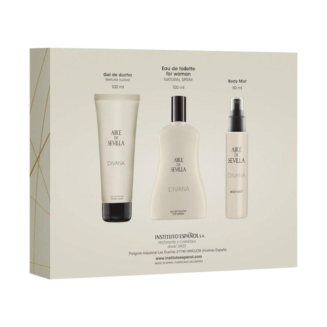 AIRE DE SEVILLA DIVANA Estuche de cosmética para mujer con Perfume 100 ml + Gel de ducha suave 100 ml + Body Mist 100 ml Cofre de regalo de ritual perfumado