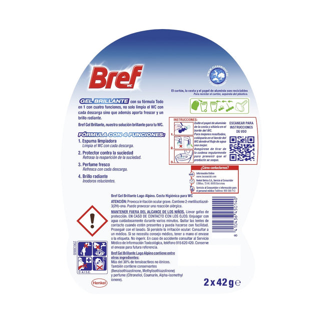 BREF Desinfectante WC Colgador Doble gel brillante Todo en 1 Lago Alpino