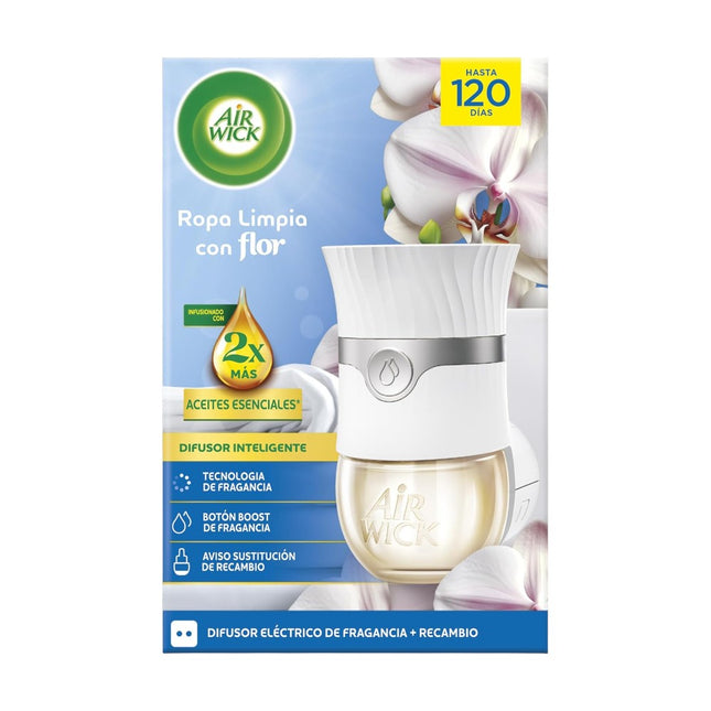 Air Wick Ambientador Eléctrico Inteligente Ropa Limpia con Aceites Esenciales – Difusor + Recambio – 5 Niveles de Intensidad, Tecnología Anti-Fading y Botón Boost