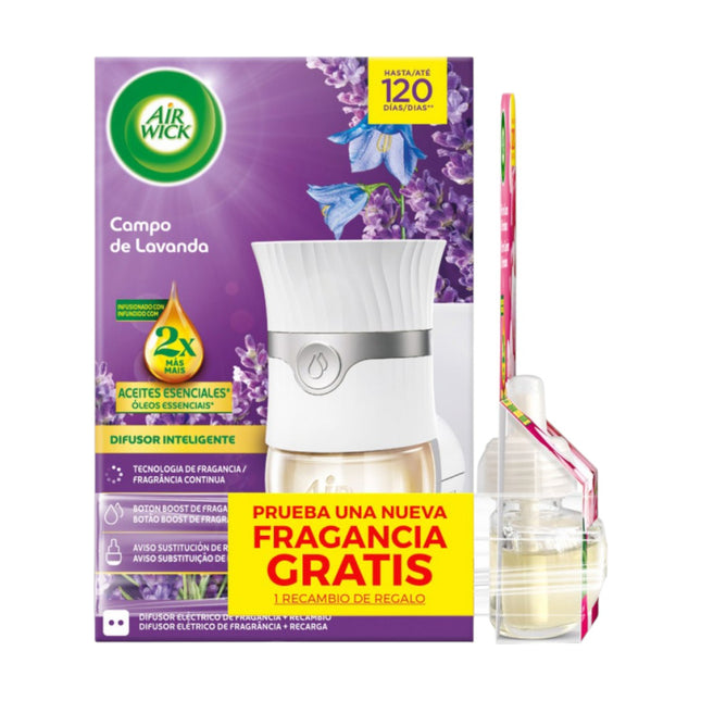 Air Wick Difusor Inteligente Campo de Lavanda – Ambientador Eléctrico con Aceites Esenciales + 2 Recambios (1 Gratis) – Hasta 120 Días de Fragancia, Botón Boost y Aviso de Recambio