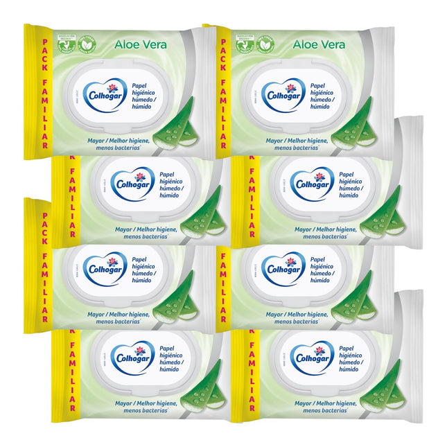 Colhogar Pack de 8 Bolsas de 80 Toallitas Papel Higiénico Húmedo Desechable con Extracto de Aloe Vera Sin Alcohol Dermatológicamente Testado Toallitas Húmedas y Desechables por WC (640 toallitas en total)