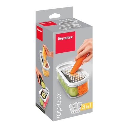 Metaltex Rap-Box Rallador con Contenedor 3 en 1, 3 Cuchillas Intercambiables de Acero Inoxidable, Rallador Queso/Grueso/Rebanador, Base Antideslizante, Blanco/Transparente