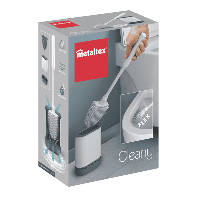 Metaltex Cleany Escobilla WC con Recipiente, Cepillo de Baño Flexible, Cabezal TPR Fácil de Limpiar, Soporte Ventilado Libre de Olores 13 x 8 x 47 cm