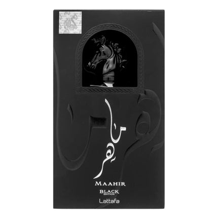 Lattafa Maahir Black Edition Eau de Parfum 100 ml, Perfume Unisex Oriental Amaderado, Fragancia Intensa con Cuero, Especias y Cedro