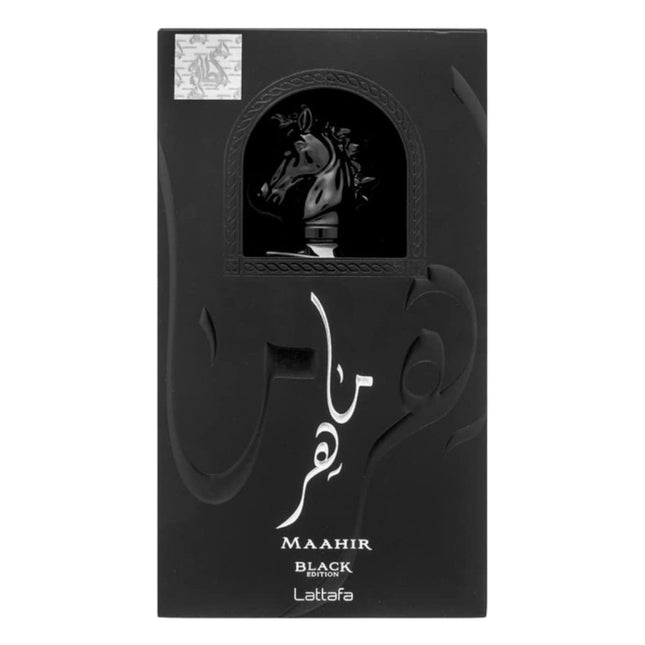 Lattafa Maahir Black Edition Eau de Parfum 100 ml, Perfume Unisex Oriental Amaderado, Fragancia Intensa con Cuero, Especias y Cedro