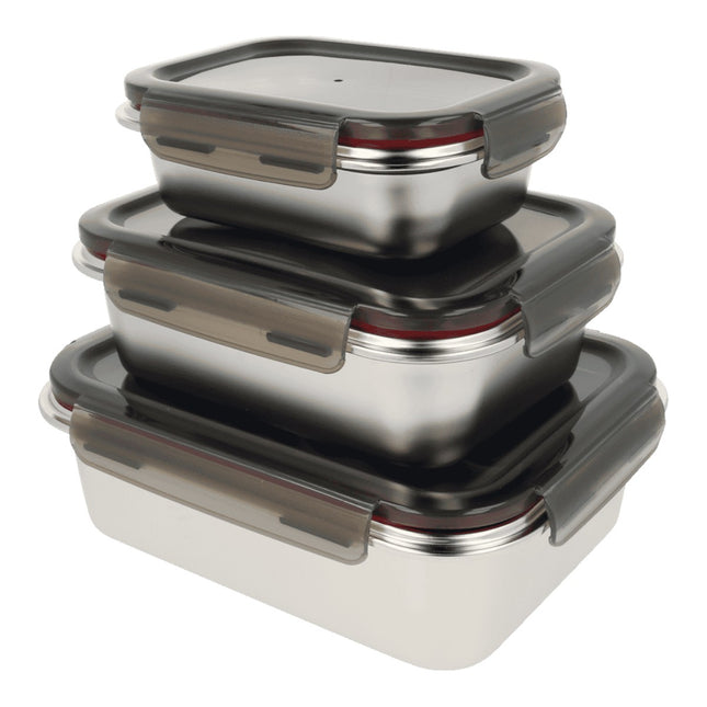 Metaltex Set 3 Contenedores Herméticos de Acero Inoxidable, Fiambreras Reutilizables 650/1300/2250 ml, Aptos para Microondas y Horno sin Tapa, Lavavajillas, Tapa con Cierre Antifugas