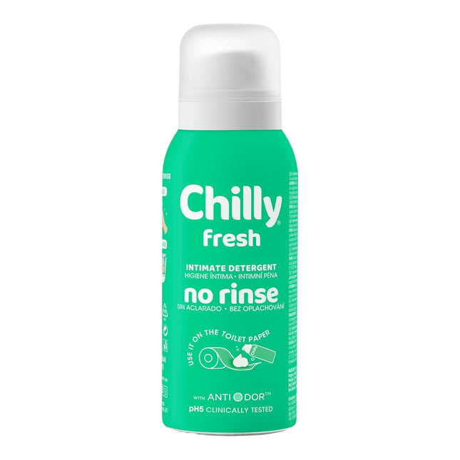 Chilly Fresh Higiene Íntima No Rinse Espuma Limpiadora Sin Aclarado, Detergente Íntimo pH5 con Anti-Odor, Uso en Papel Higiénico, Formato Viaje, 100 ml