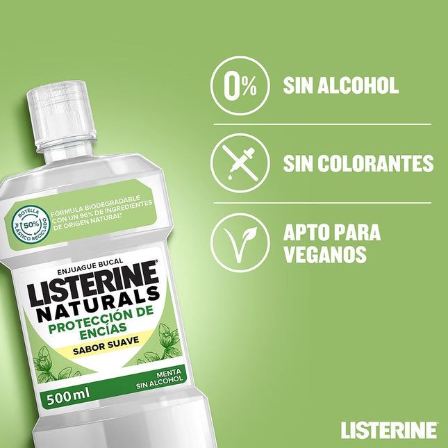 Listerine Naturals Protección de Encías Enjuague Bucal Sin Alcohol, Sabor Menta Suave, Fórmula Biodegradable, 96% Ingredientes de Origen Natural, 500 ml