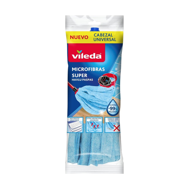 Vileda Fregona Microfibras Super – Cabezal Universal, Absorción Extra y Limpieza Higiénica, Elimina hasta 99% Bacterias, Color Azul