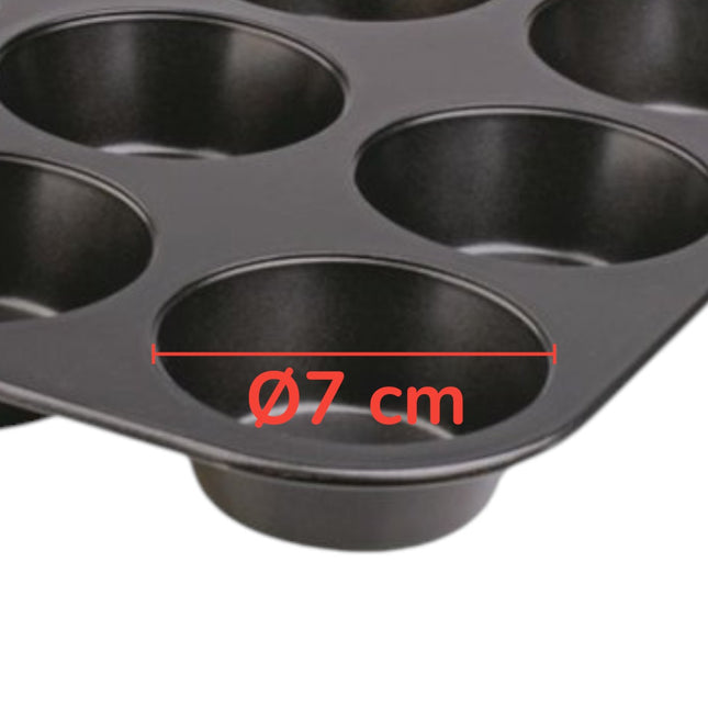 Molde metálico antiadherente para 12 muffins o cupcakes, cavidades de 7 cm de diámetro, bandeja rígida para horno ideal para repostería casera y profesional