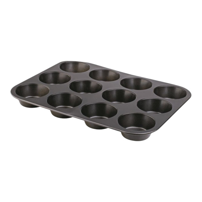 Molde metálico antiadherente para 12 muffins o cupcakes, cavidades de 7 cm de diámetro, bandeja rígida para horno ideal para repostería casera y profesional