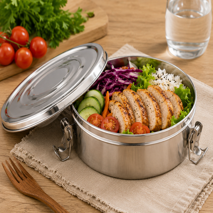Fiambrera Redonda de Acero Inoxidable Ø18 cm, Recipiente Hermético Metálico con Cierres Laterales, Tarro para Alimentos, Cocina, Camping y Conservación