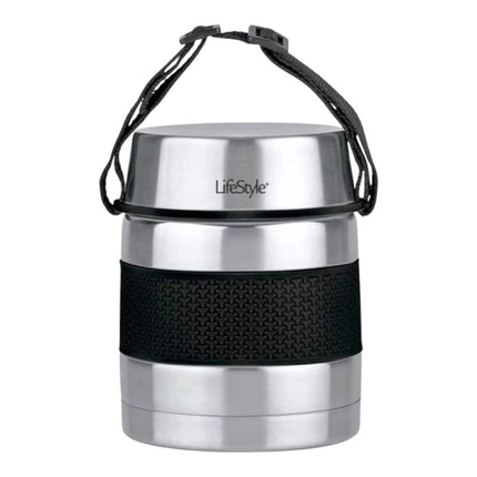 Termo para sólidos 1000 ml, fiambrera térmica acero inoxidable doble pared con vacío, recipiente interior y asa, comida caliente y fría, color negro