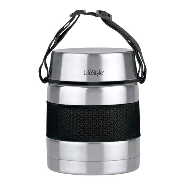 Termo para sólidos 1000 ml, fiambrera térmica acero inoxidable doble pared con vacío, recipiente interior y asa, comida caliente y fría, color negro